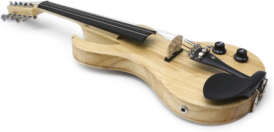 Electric Violin 4/4 Full Size Solid Wood Guitar Shape Body Silent Violin Set for Adults Beginner Practice Electric Fiddle with Ebony Fittings Hard Case & Bow (5 Strings log Color Big Jack)