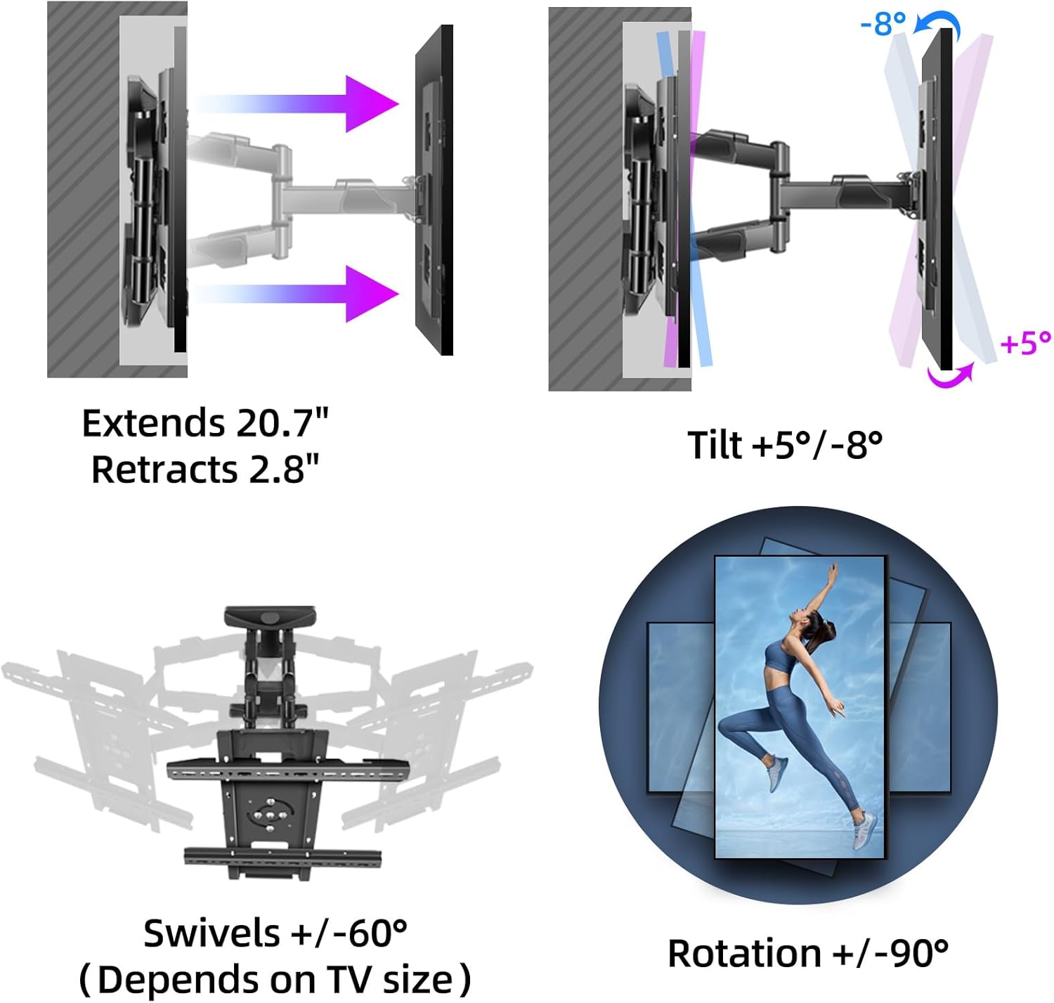 Vertical and Horizontal Rotating Corner TV Wall Mount for 32-65 inch, Landscape to Portrait Corner TV Bracket Hold up to 72 lbs Swivel Tilt Extension Leveling,Max VESA 400x400mm,Black,DY429XZ