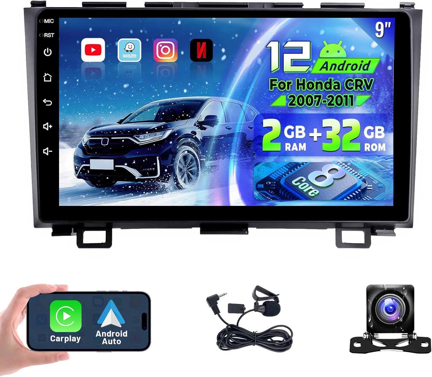 8 Core Car Radio for Honda CRV 2007-2011 with Carplay Android Auto Upgrade 9 Inch Touchscreen Buletooth Stereo Android Head Unit 5Ghz WiFi GPS Navigarion FM SWC USB AHD Backup Camera