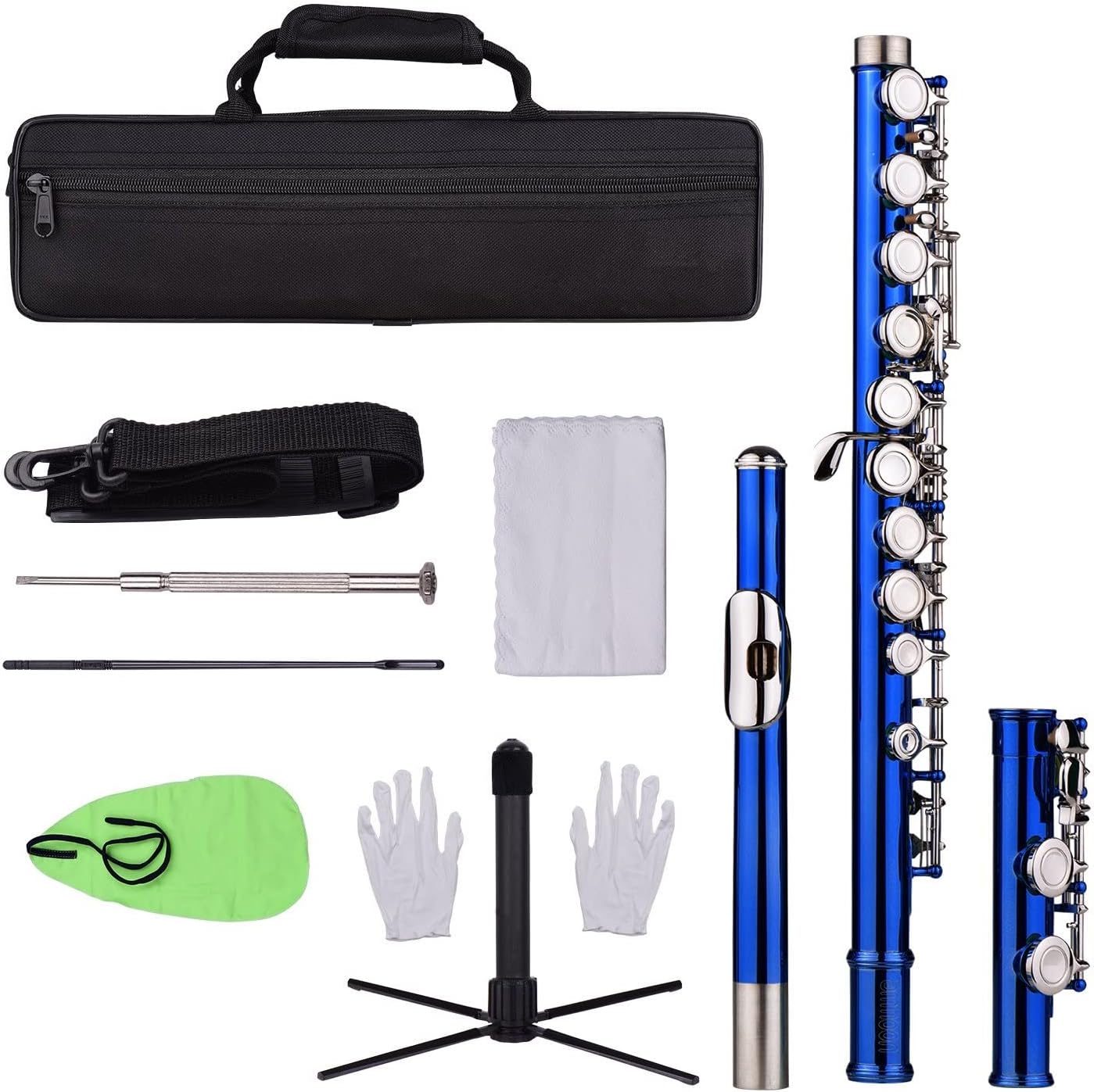Flute Kit Closed Hole C Flute 16 Keys Cupronickel Nickel-Plated Wind Instrument with Carry Case Flute Stand Gloves Cleaning Cloth Intermediate Flute (Color : Dark Blue)