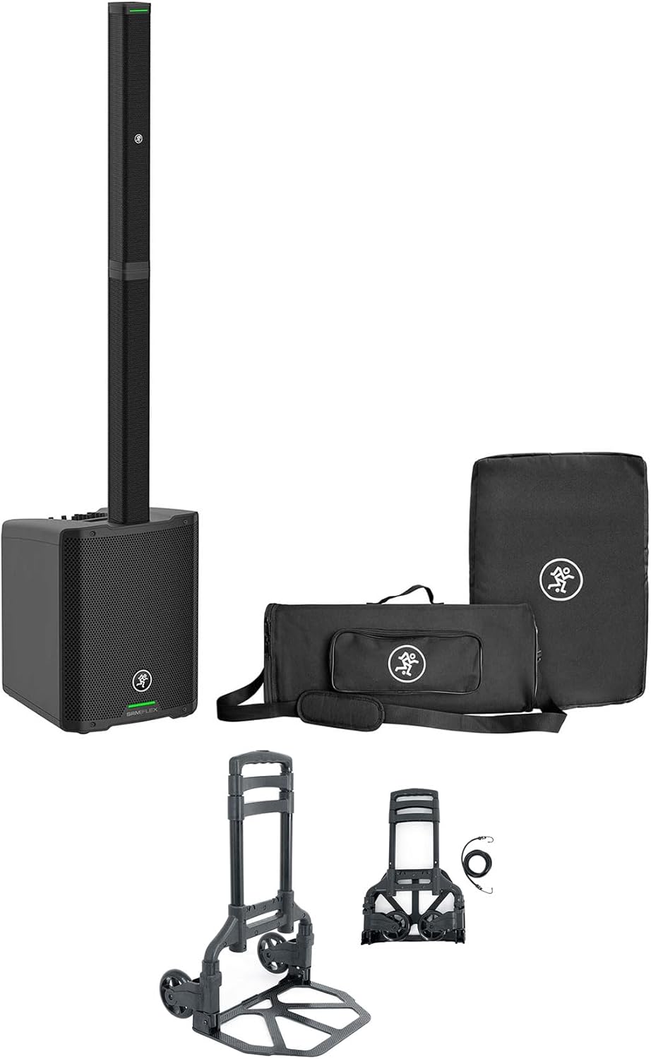 Audiosavings Bundle:(1) Mackie SRM-Flex 1300w Portable Line Array DJ Speaker PA System w/Sub+Carry Bag Bundle with (1) Rockville GigMate DJ/Musician Aluminum Trolley Transport Hand Truck (Items 2)