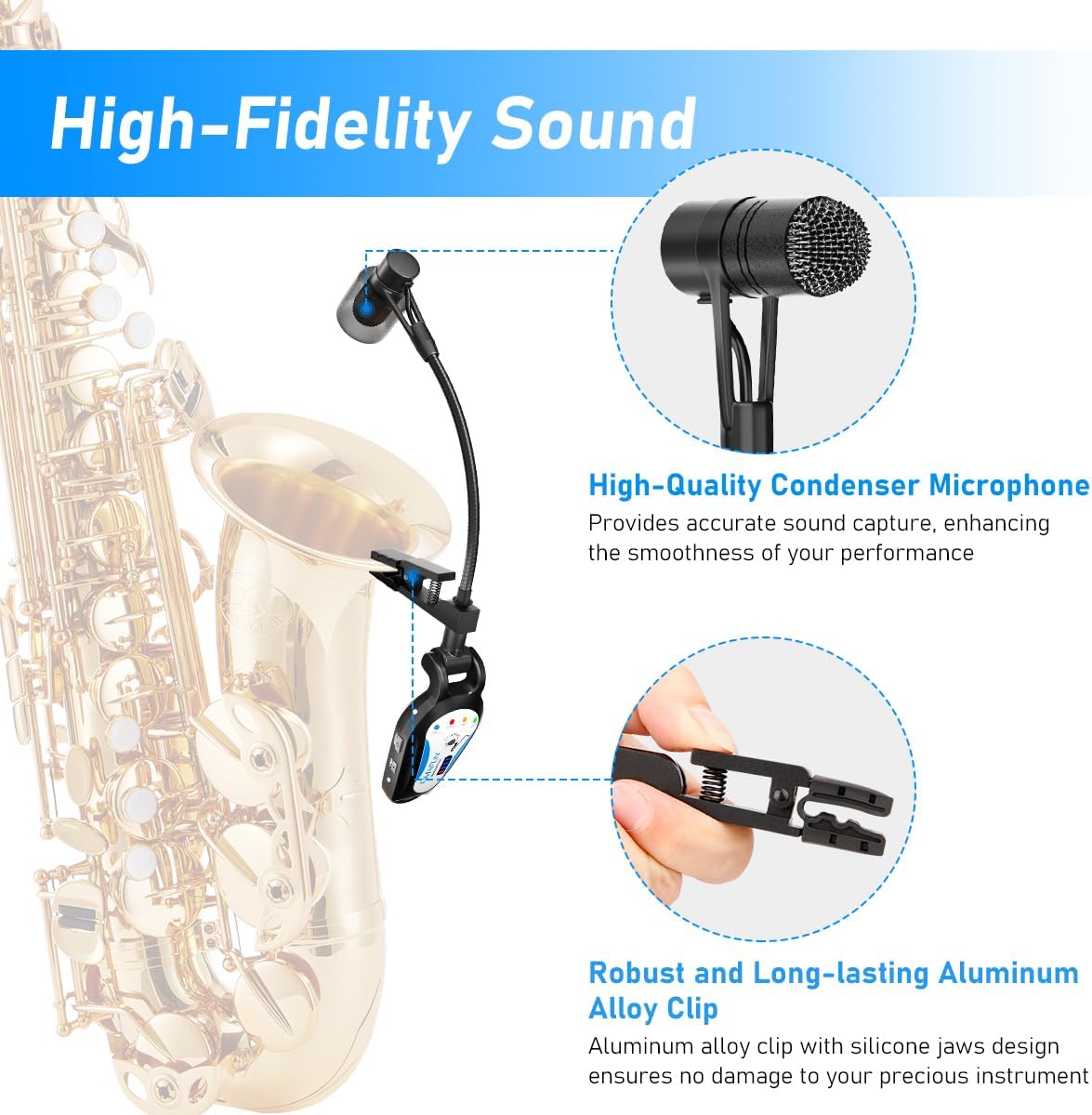 KIMAFUN 2.4G Wireless Saxophone Microphone, Clip-on Instrument Microphone, 100ft Range, Plug and Play, Wireless Transmitter & Receiver for Saxophone, French Horn, Trumpet, Trombone, G120