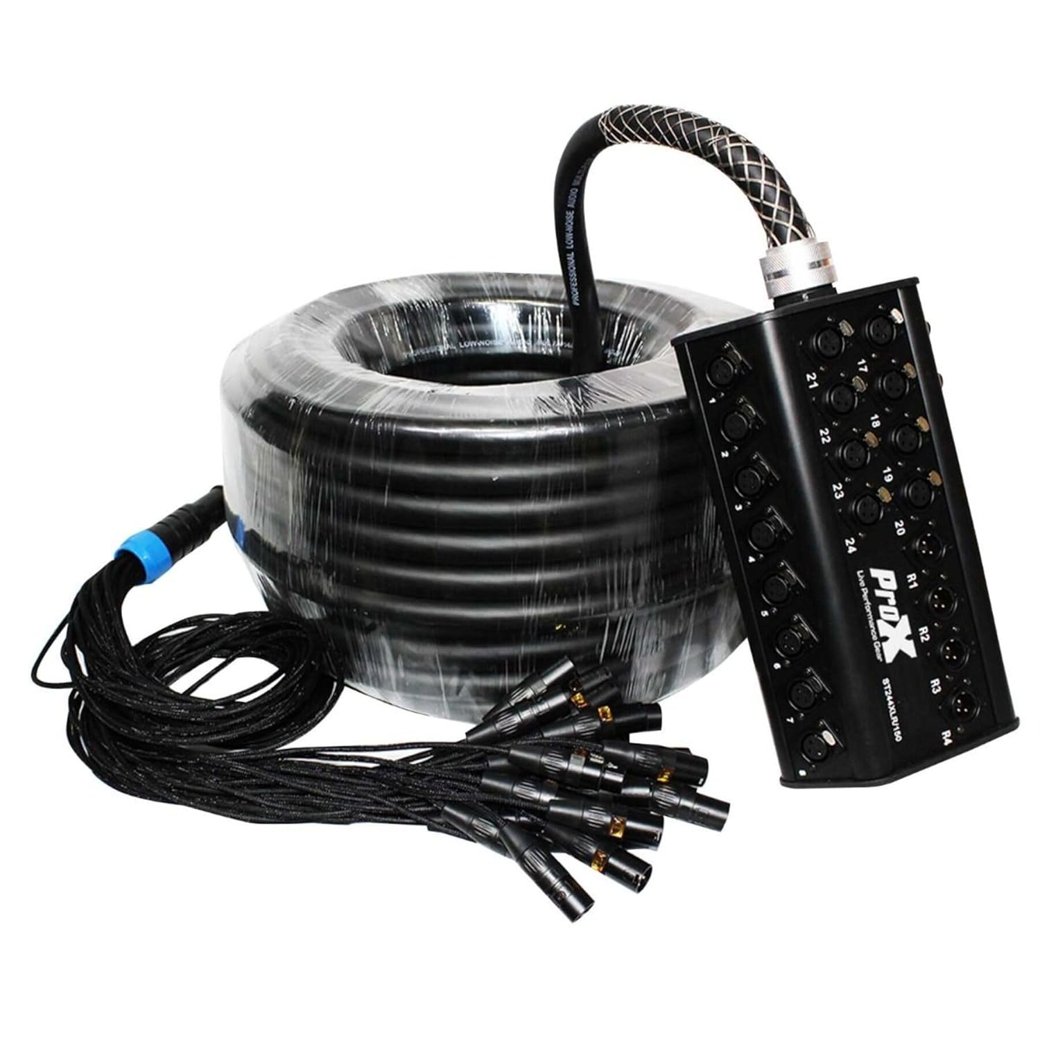 ProX XC-SB244XLR100 100' XLR Stage Extension Box w/24 XLR-F+4 XLR-M Snake Cable, Black