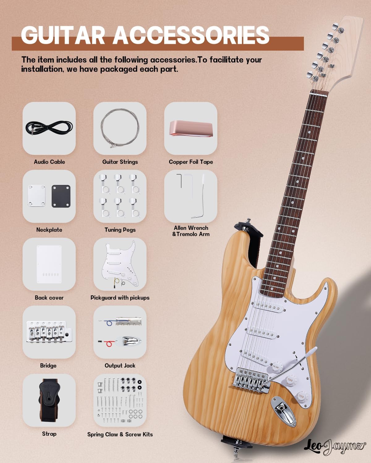 Leo Jaymz DIY ST Style Electric Guitar Kits with Roasted Pine Body and Maple Neck - Laurel Wood Fingerboard,Strap and All Components Included (ST Roasted Pine)