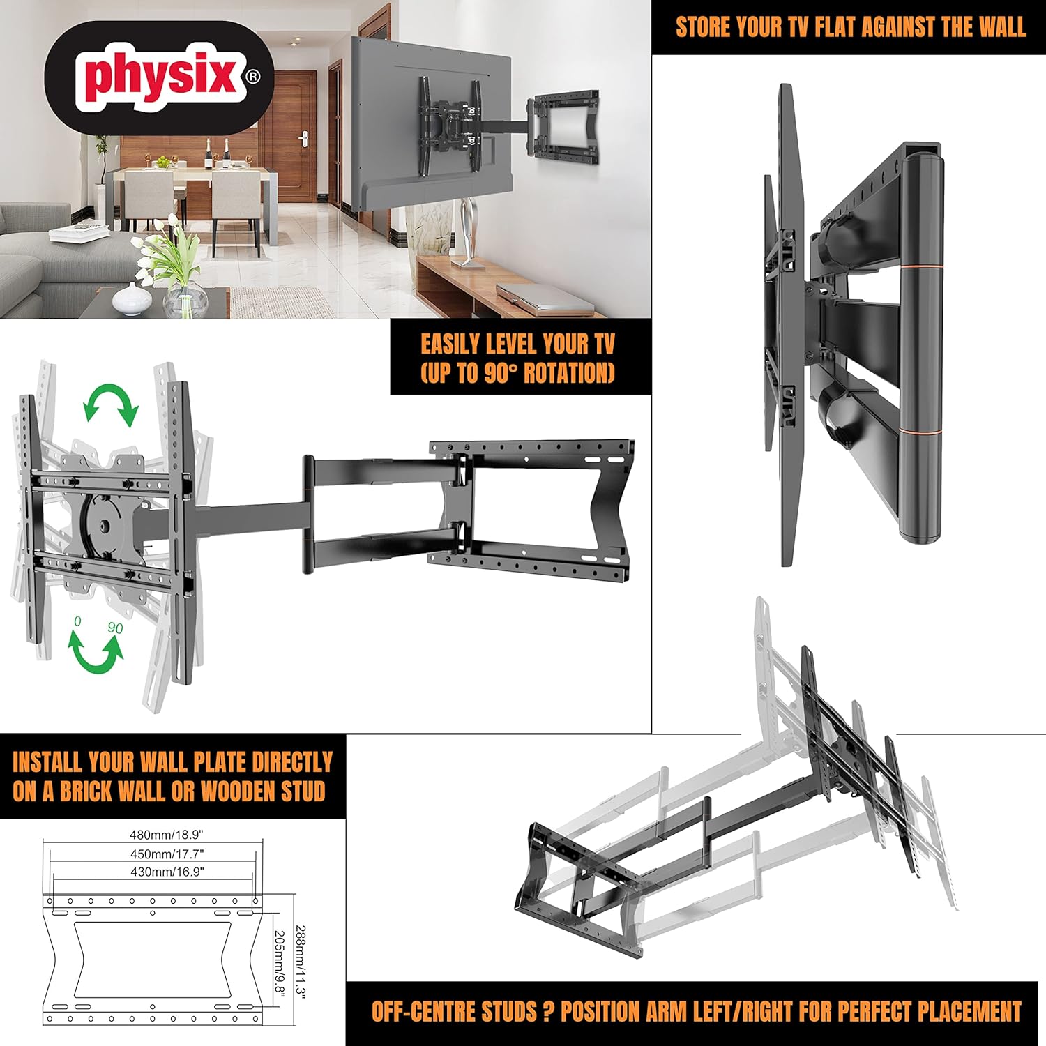 Physix 2100 Long arm TV Wall Mount for 32-75 Inch Screens Extra Long Extension up to 40 Inch Heavy-Duty TV Mount Holds up to 88 lbs Full-Motion, Swivels up to 180° Max. VESA 600x400, Black