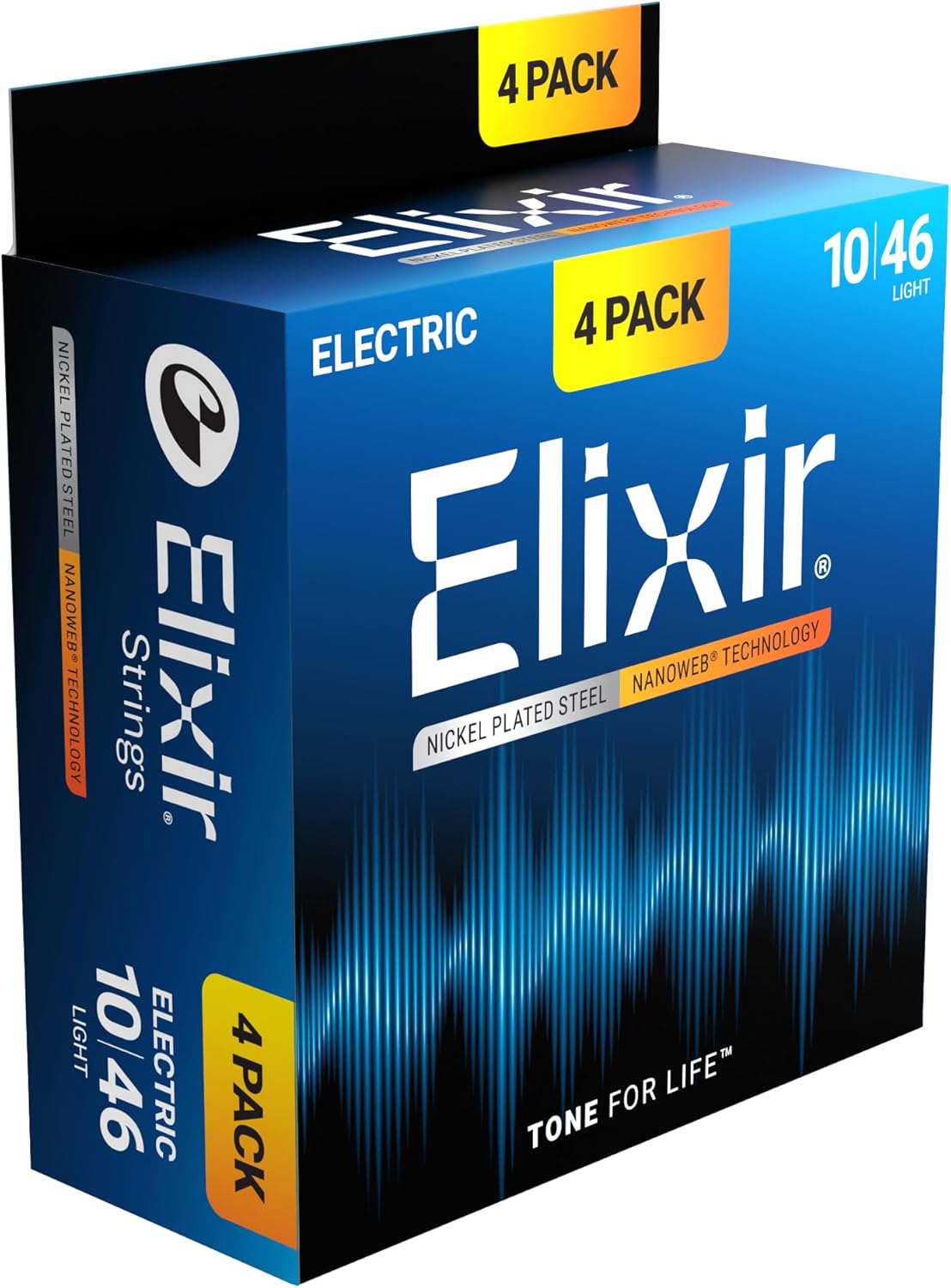 Elixir Strings, Electric Guitar Strings, Nickel Plated Steel with NANOWEB Technology, Longest-Lasting Bright Tone with Comfortable Feel, 4 Pack, Light 10-46