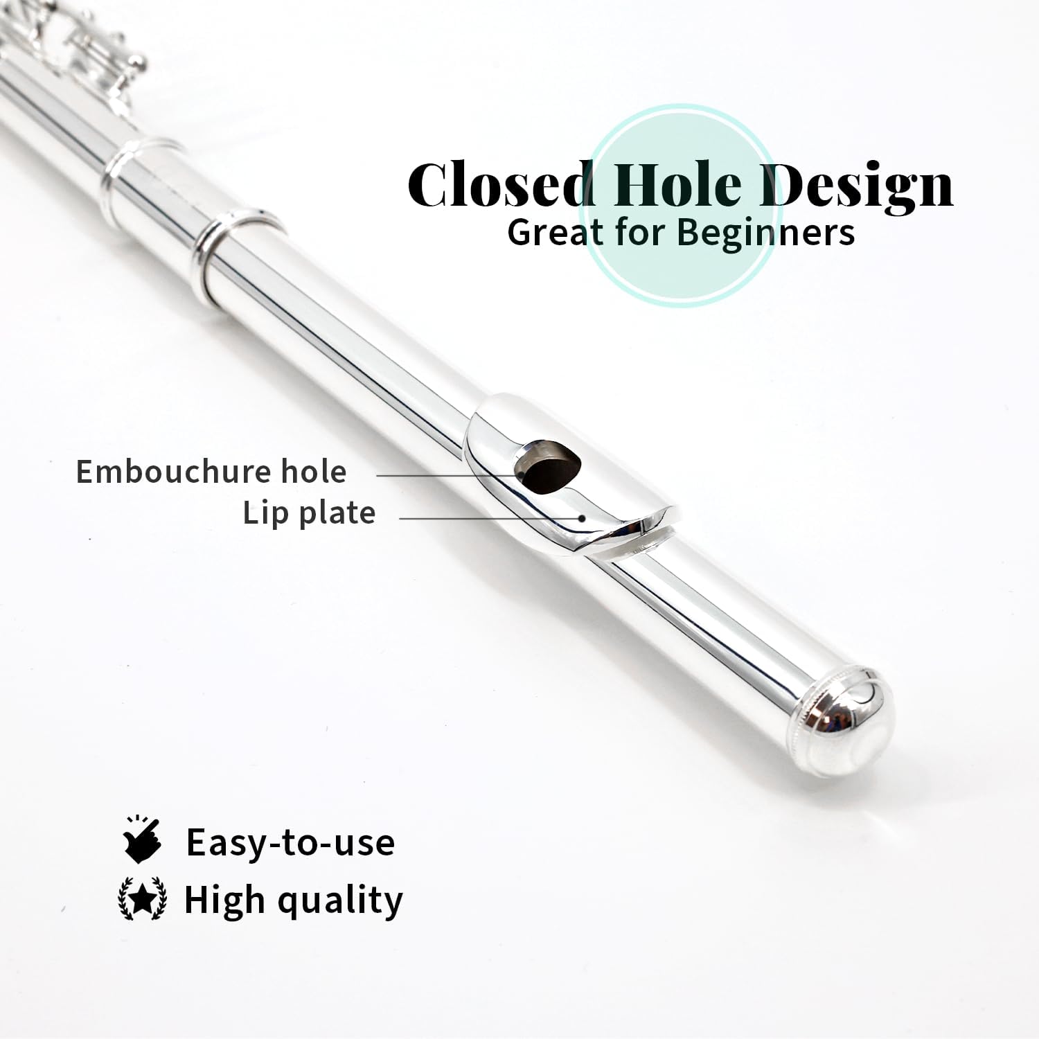 StarQuest SQ-FL250 Closed Hole C Flute Instrument For Beginners, Silver-Plated, Portable Hard Case & Cleaning Rod & Cloth, Gloves, Precision-Tuned Embouchure