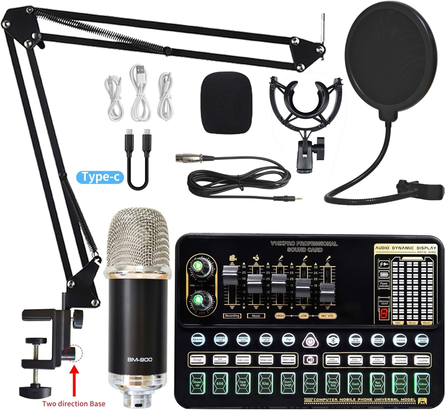 Condenser Microphone Bundle Sound Card Kit with Adjustable Mic Suspension Scissor Arm Professional Studio Wireless Karaoke MIC Studio Setup for Recording Music