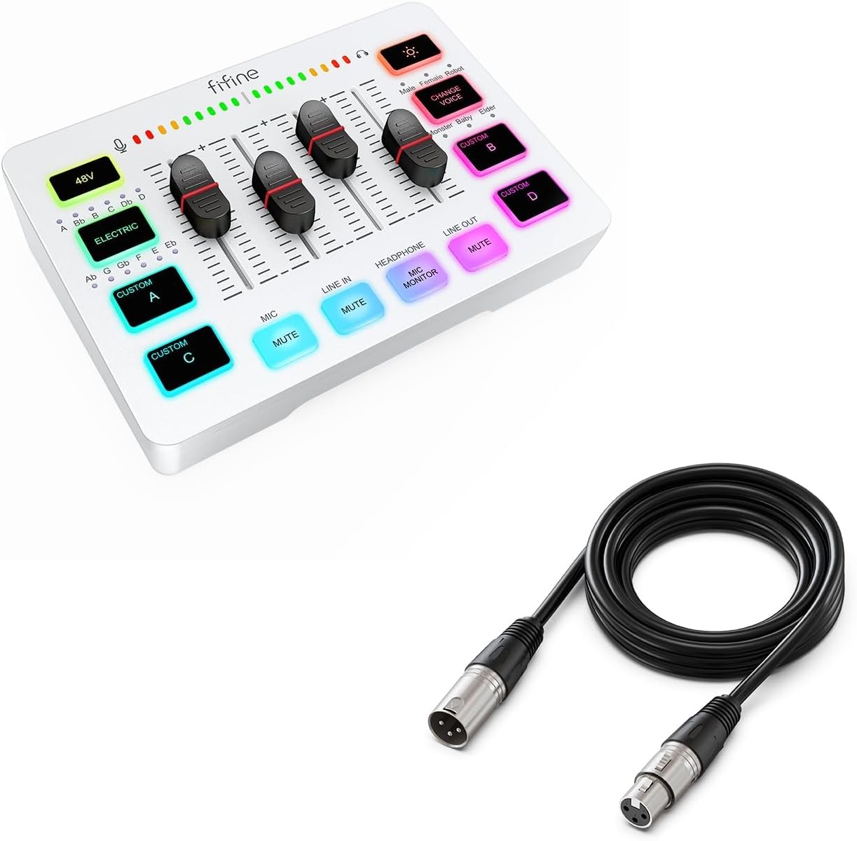 FIFINE Audio Mixer and XLR Cable, PC Gaming Mixer with XLR Microphone Interface, Volume Fader, Individual Control Channels, Audio Cable with Balanced 3 PIN for Streaming Recording Podcast(SC3W+L9)