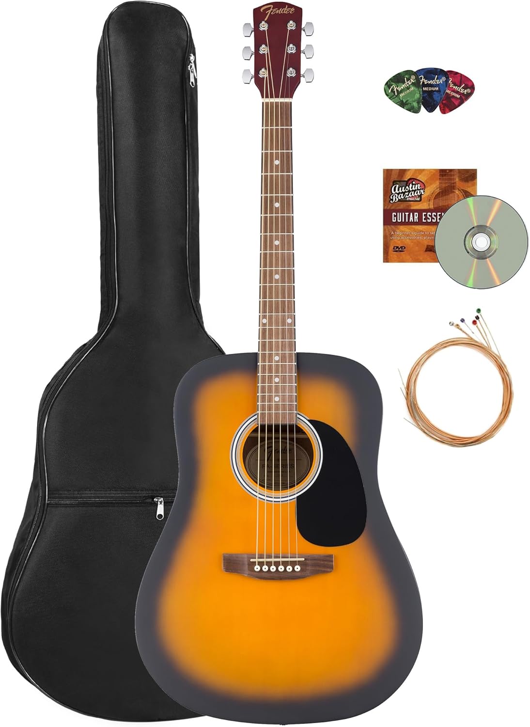 Fender FA Series Dreadnought Acoustic Guitar - 2-Color Sunburst Bundle with Gig Bag, Strings, Picks, and Austin Bazaar Instructional DVD