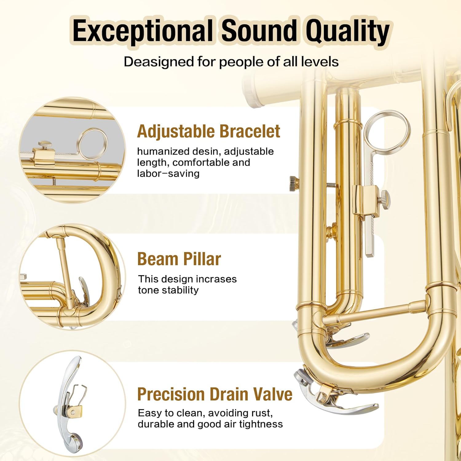 Senfot Brass Standard Trumpets with Bag, Mouthpiece, Strap, Gloves, Cleaning cloth, Trumpet oil; Exceptional Sound Quality Instrument for Band, Lessons & Practice