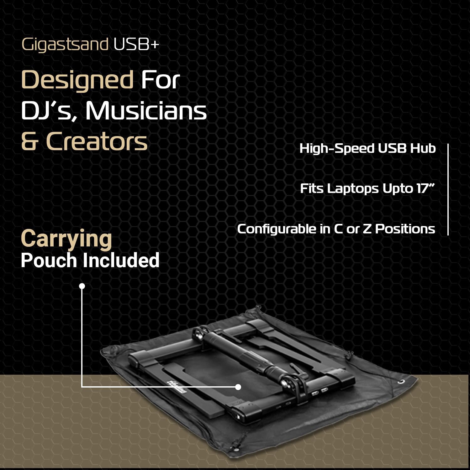 Headliner Gigastand USB+, Adjustable DJ Laptop Stand with Integrated USB-C Hub - Steel & Aluminum Construction, Foldable Design, Telescoping Neck - Perfect for DJs, Musicians, and Creators