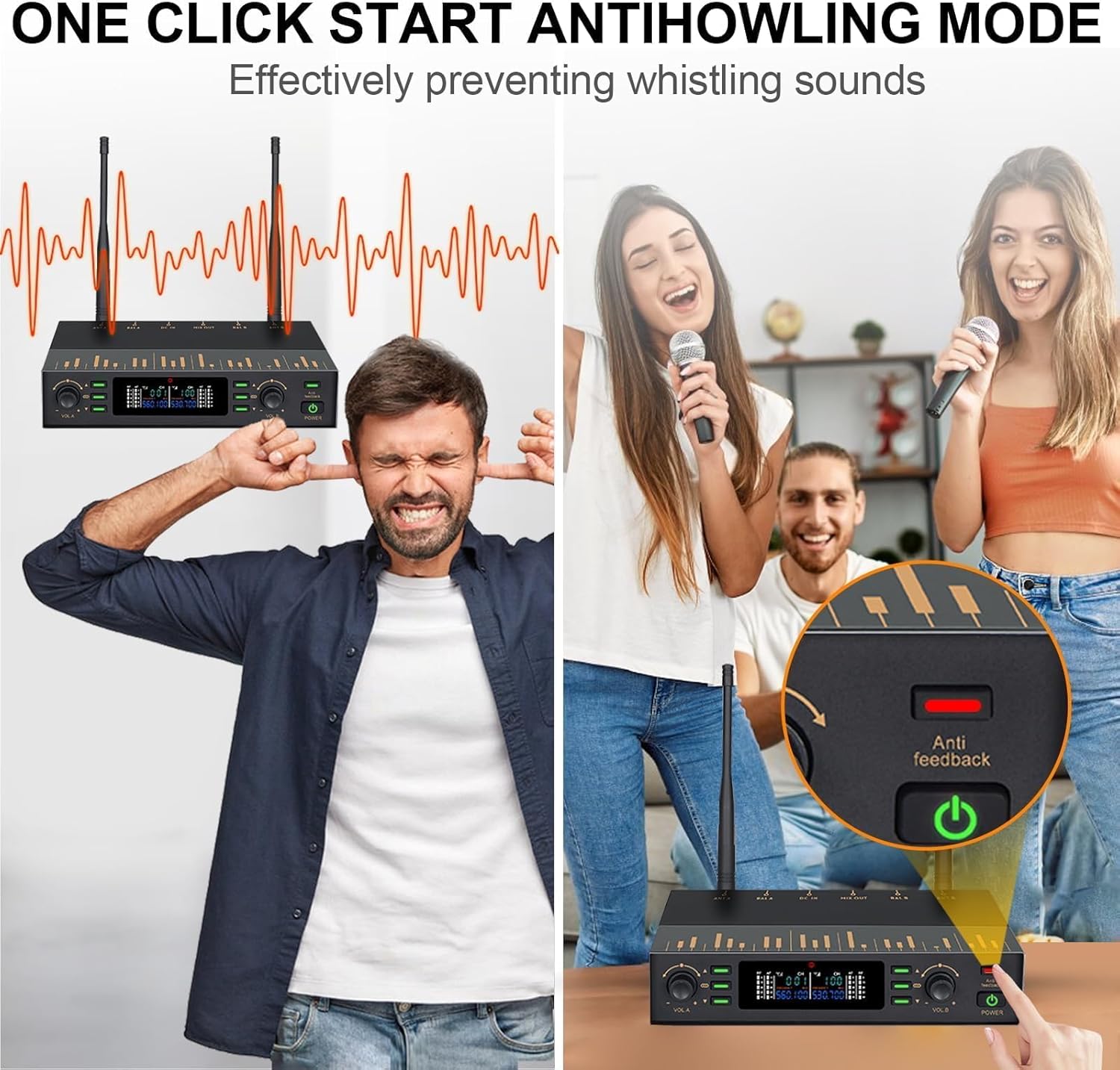 Wireless Microphone System, UHF Professional Karaoke Mic With Feedback Suppression, Auto Scan & Pair, Reverb - 262ft Range, 2x100 Dual Metal Dynamic Cordless Microphones for Church/Wedding/DJ/Meeting