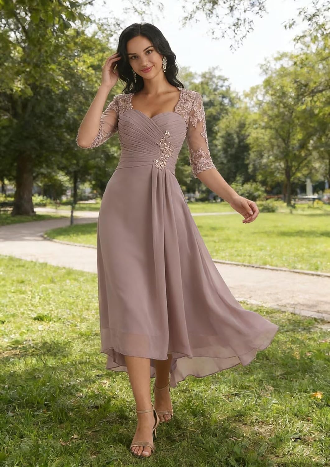 Sukleet Women's Lace Applique Mother of The Bride Dresses Tea Length Short Sleeves Chiffon Pleated Formal Wedding Guest Dress