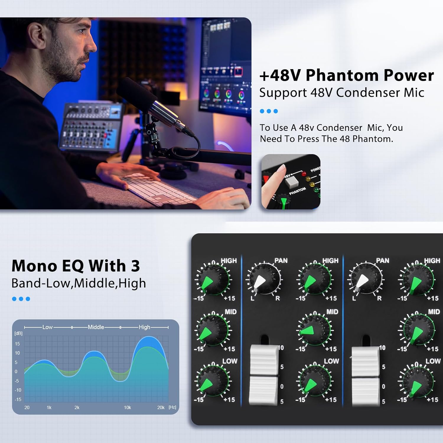 7 Channel Audio Interface USB Audio Mixer Sound Board Mixing Console Built In Bluetooth MP3 Computer Input +48V Phantom Power Mixer Audio For Karaoke Dj Stage Streaming Studio