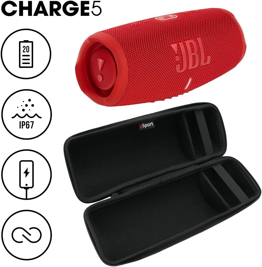 JBL Charge 5 Waterproof Portable Speaker with Built in Powerbank and gSport Carbon Fiber Case (Red)