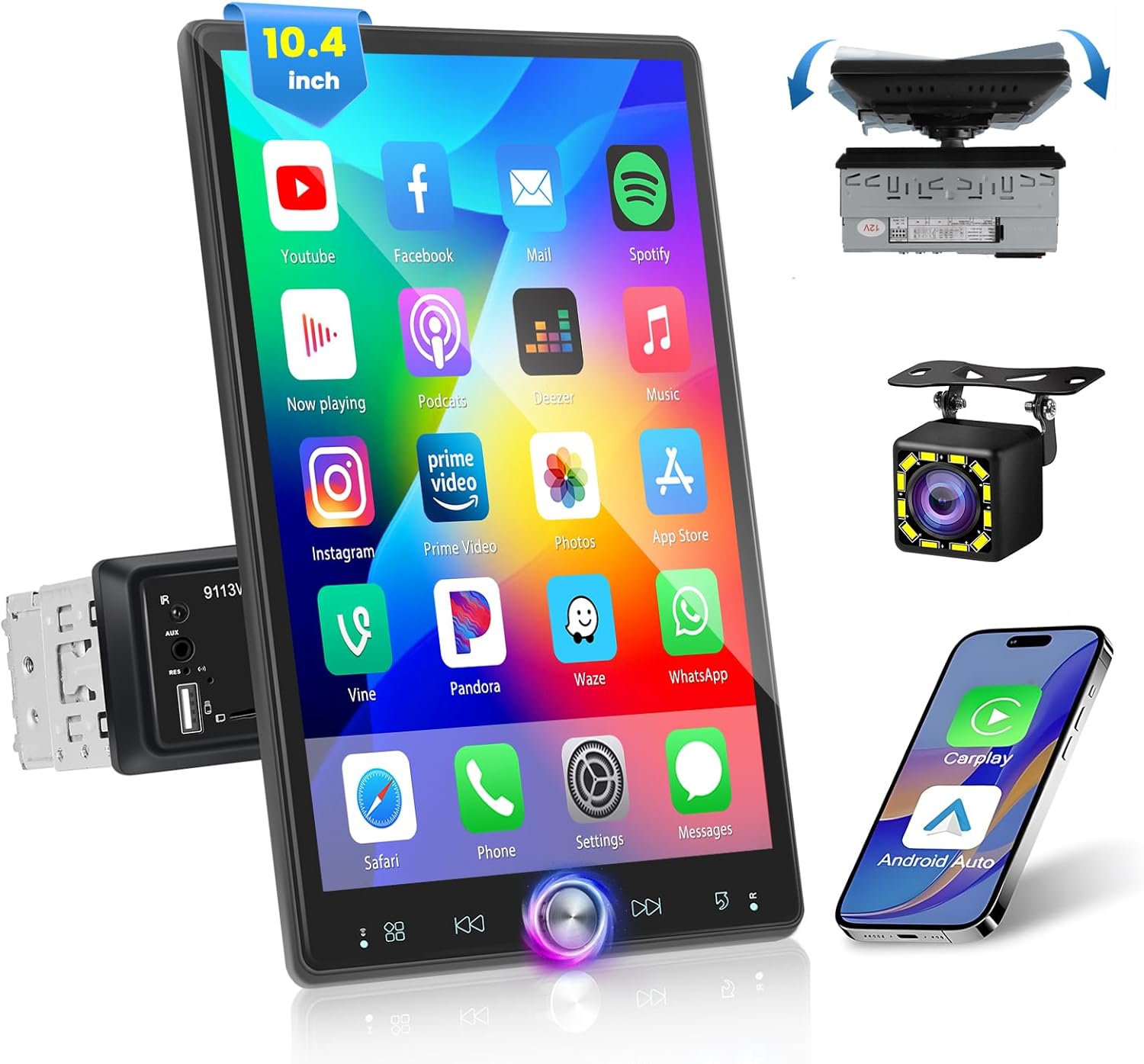 10.4 Inch Single DIN Car Stereo with Wireless Carplay Android Auto, Retractable HD Touchscreen Radio with Bluetooth FM/RDS EQ Mirror Link USB/AUX-in/TF Card Port SWC Backup Camera MIC