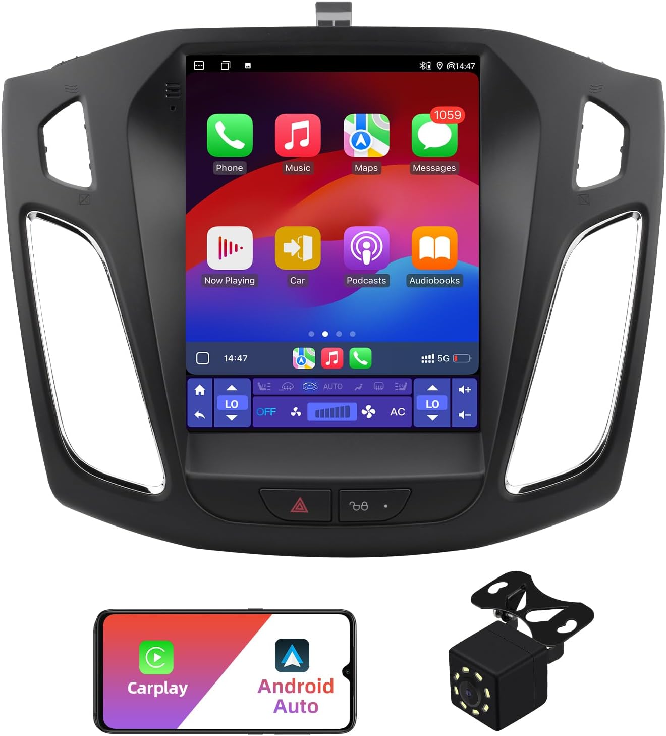 2+32G Android 12 Double Din Car Stereo for Ford Focus 2012-2018 with 10.4 Inch Touchscreen Radio Built-in Wireless Carplay/Android Auto/GPS/Bluetooth/FM/AUX-in/Steering Wheel Controls/Backup Camera