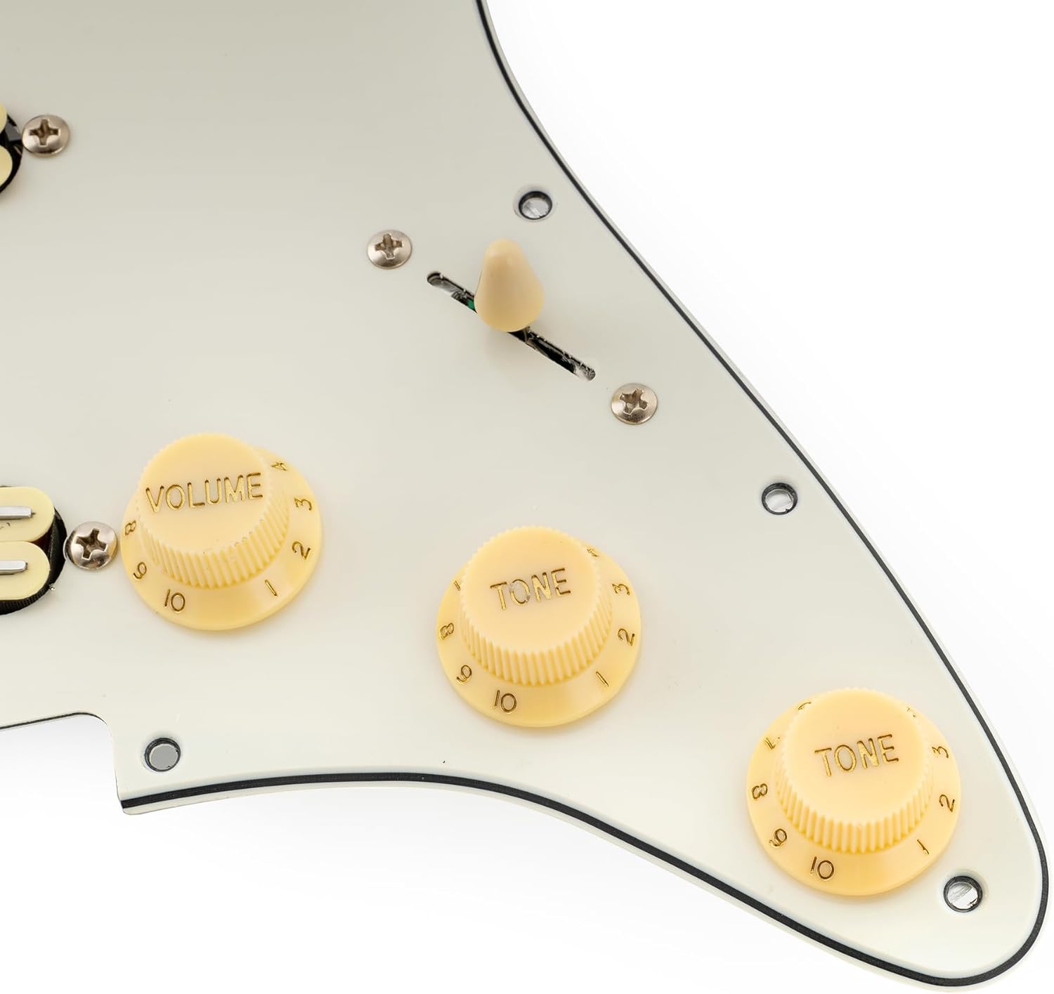 Musiclily Pro-SE ST-DPHA Pre-wired SSS Pickguard with Alnico 5 Mini Rail Humbucker for Strat Style Electric Guitar, 3Ply Aged White