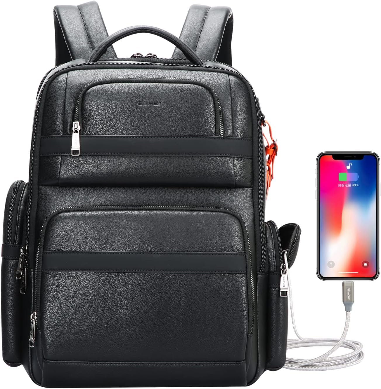 BOPai 40L Genuine Business Leather Laptop Professional Backpack for Men 15.6 inch Computer with USB Charging Multi-Functional Large Capacity Travel Smart Work Rucksack Anti Theft Black