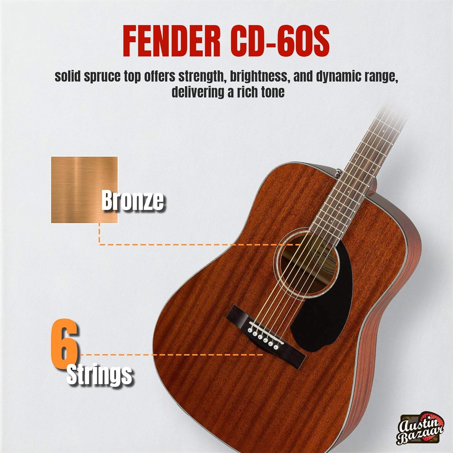Fender CD-60S Solid Top Dreadnought Acoustic Guitar - All Mahogany Bundle with Hard Case, Tuner, Strap, Strings, Picks, and Austin Bazaar Instructional DVD