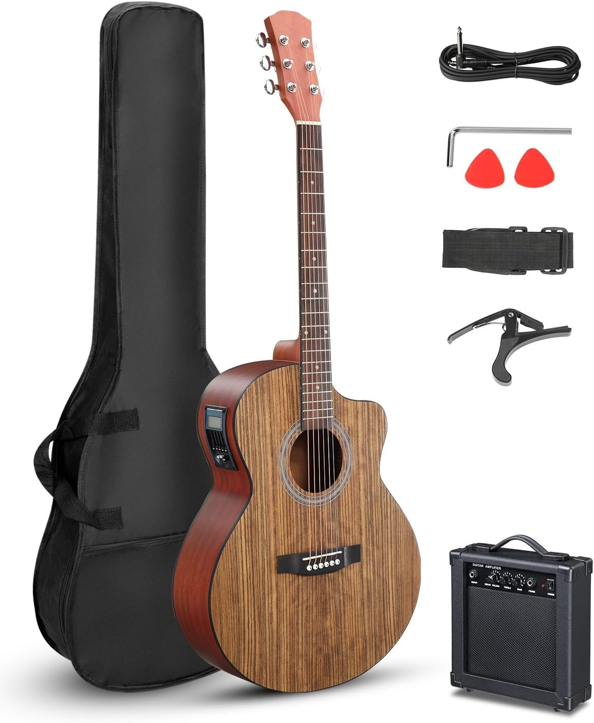 Ktaxon 41 Inch Cutaway Acoustic Electric Guitar, Full Size Walnut Wood Body Beginner Guitars Kit with 15W Amp, Extra Strings & Capo Includes All Accessories (Brown)