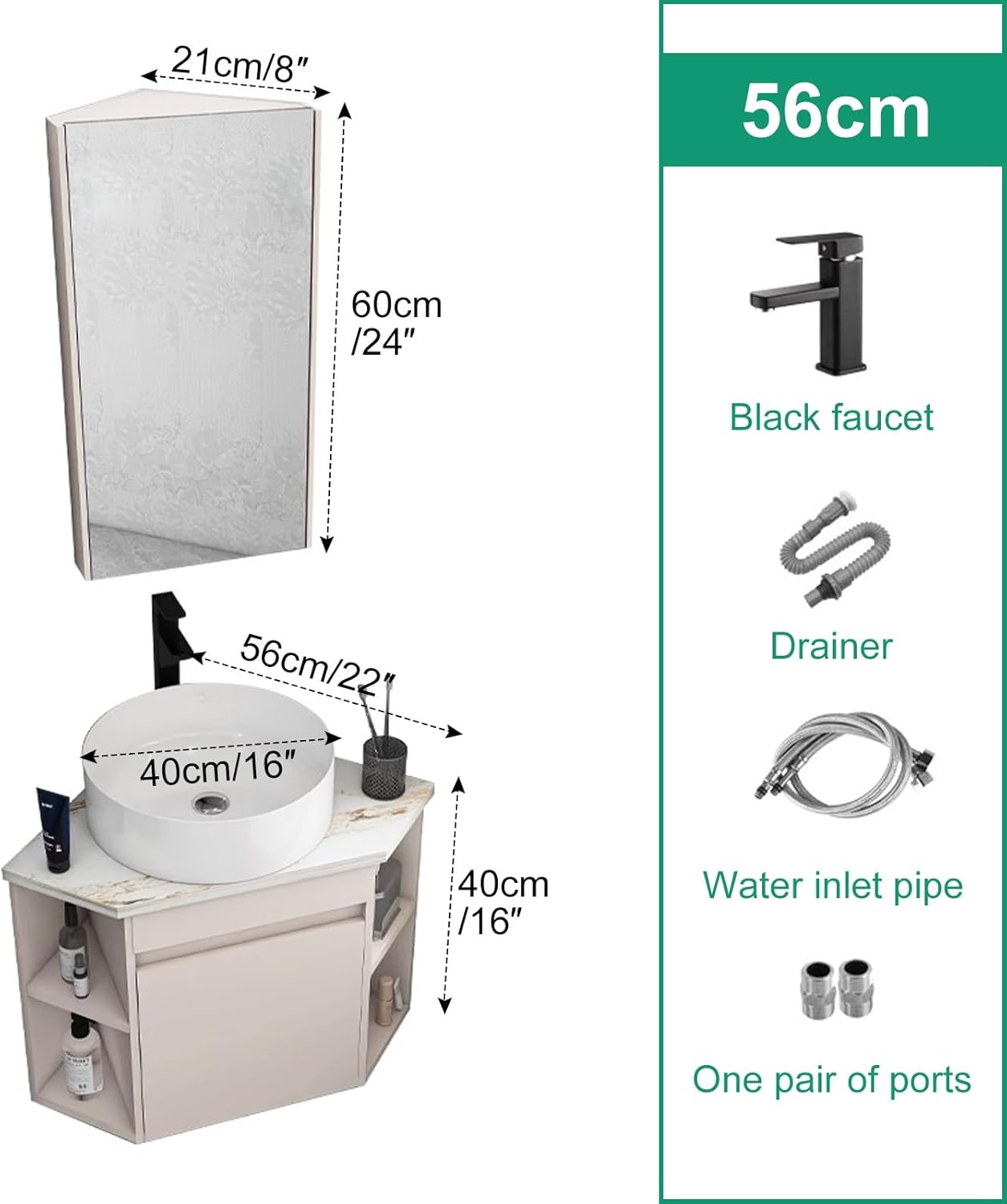 Corner Bathroom Vanity with Sink & Medicine cabinets, Wall Mount Corner Sinkwith PVC Cabinet, Pedestal Sink Set, Contain Hot and Cold Faucet, Drain, Console Sinks(56cm/22in)