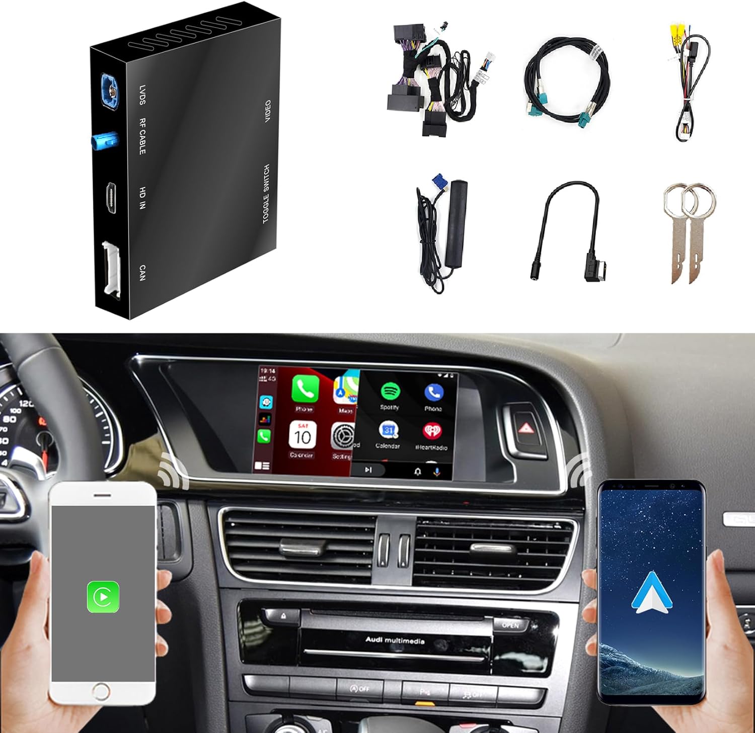 Wireless CarPlay + Android Auto + Mirroring Retrofit Kit, Compatible with Audi A4 A5 Q5 B8 with MMI 3G+ 2010-2020, Support Backup Camera Extension, USB Playback