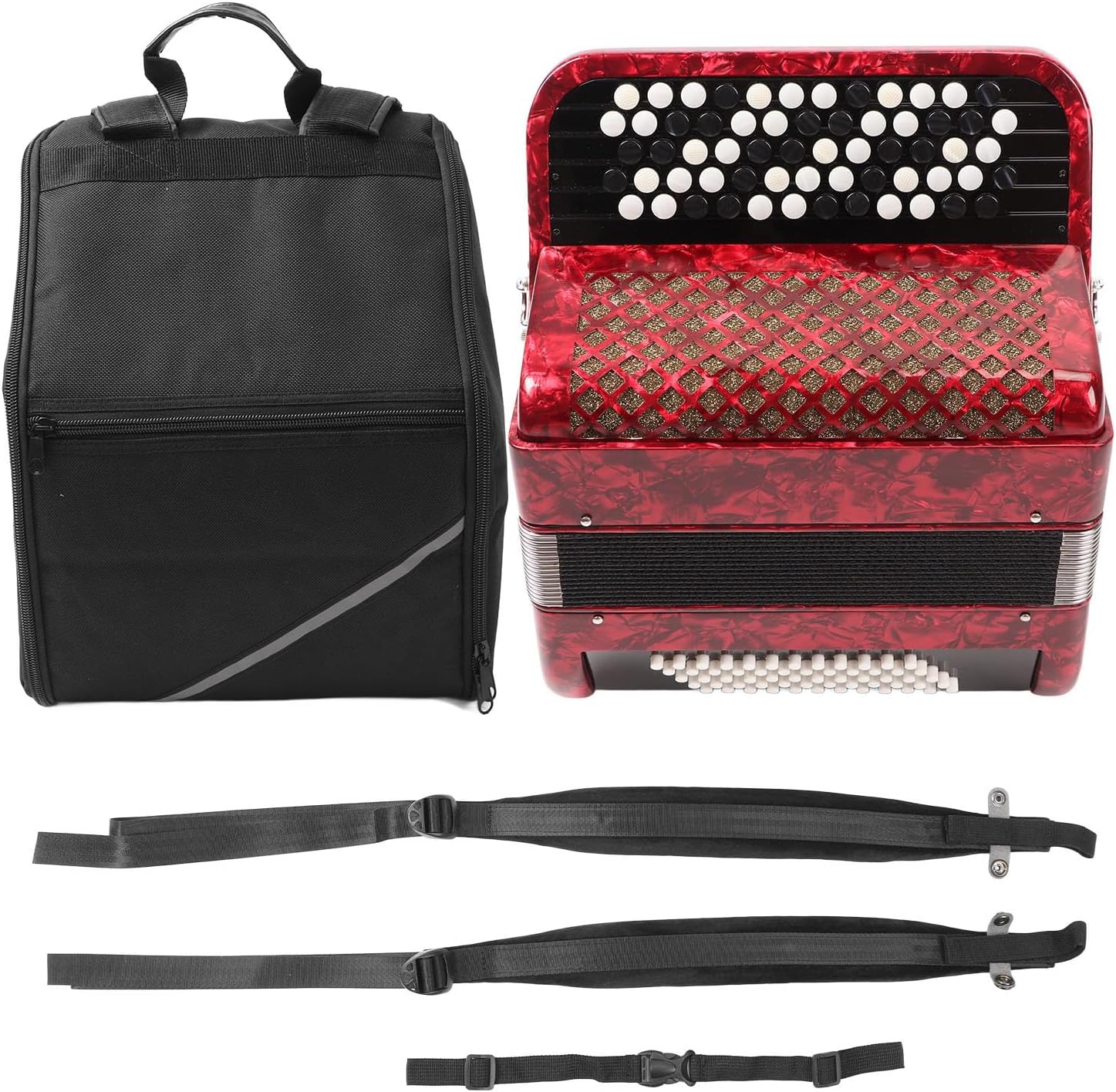 62 Key Accordion with 60 Bass Buttons | Educational Musical Instrument for Young Learners/Beginners | Red ABS Plastic Body with Straps & Backpack