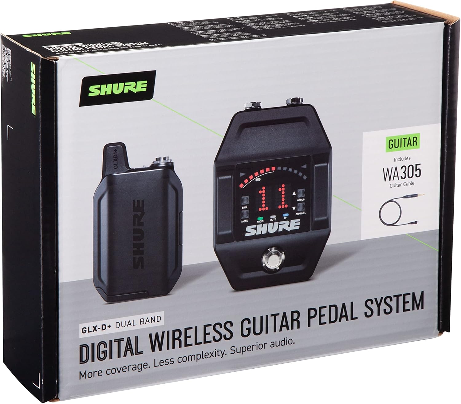 Shure GLXD16+ Dual Band Pro Digital Wireless System with Pedal Receiver for Guitar & Bass - 12-Hour Battery Life, 100 ft Range | Includes WA305 Premium Cable with 1/4