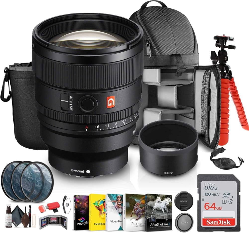 Sony FE 85mm f/1.4 GM II Lens (SEL85F14GM2) + Sling Backpack + Photography Software + Lens Filter Kit + 64GB Memory Card + Flexible Tripod + Cleaning Kit + Hand Strap + Card Wallet + More