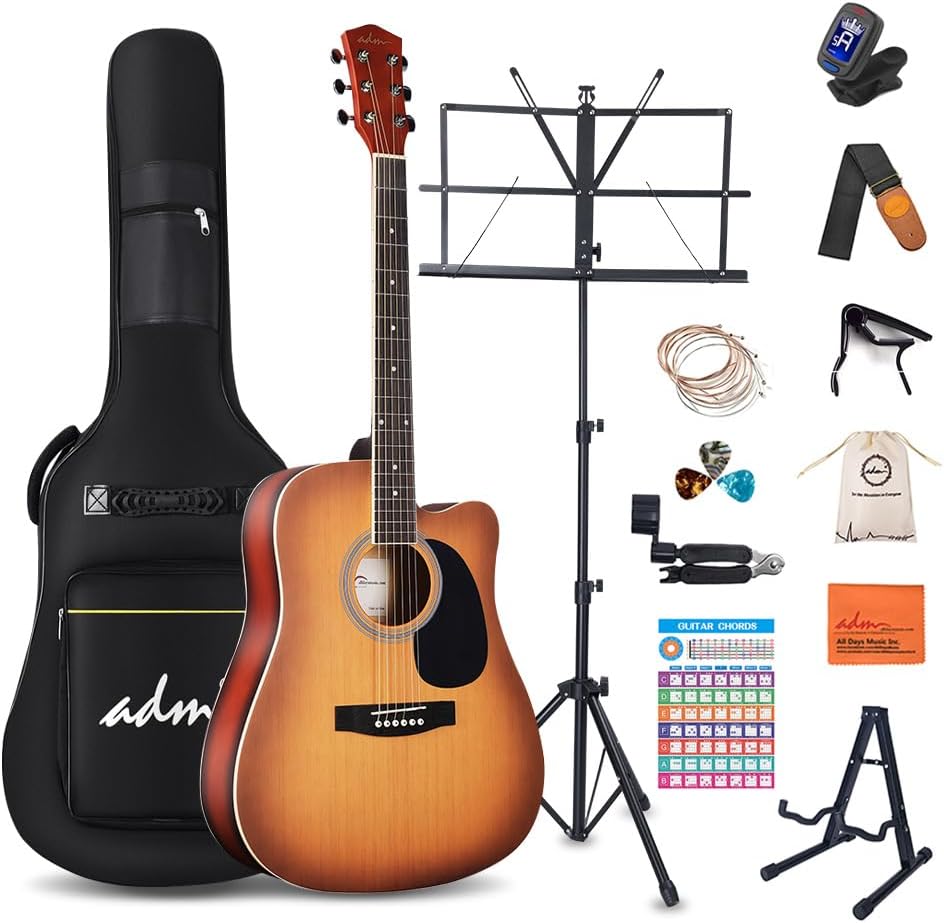 ADM Beginner Acoustic Guitar, Kids Students Cutaway Guitar Bundle Free Lessons with Gig Bag, Tuner, Strap, Picks, Extra Strings etc (Brown-Cutaway, 41 Inch)