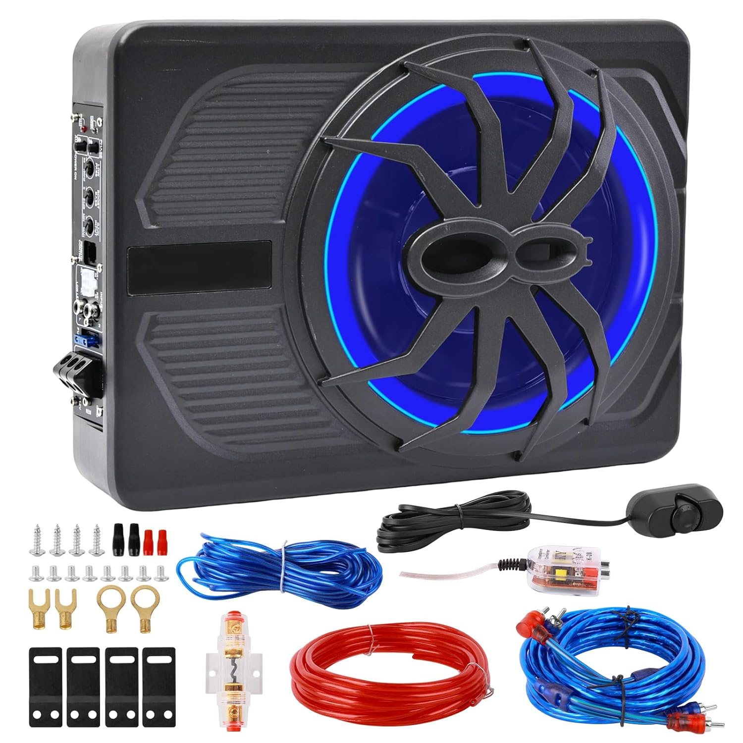 Generic 800W Under Seat Powered Car Subwoofer, Built-in Amplifier, Wiring Kit, High & Low Level Input, Blue Mood Lights, Remote Control (8
