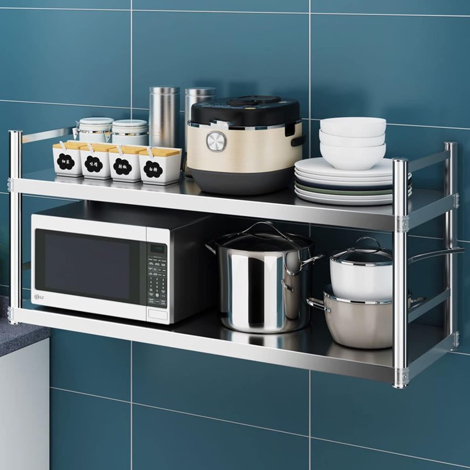 Stainless Steel Wall Mount Floating Shelving Catering Storage Shelf, Multifunctional Serving Shelf Oven Storage Organizer, 2 Tier Metal Shelving Kitchenware Rack Microwave Rack, Garage Storage Shelf