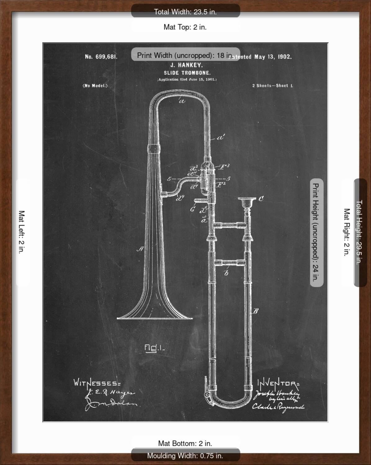 ART.COM Wall Art Print Slide Trombone Instrument Patent on Brown Frame, 23
