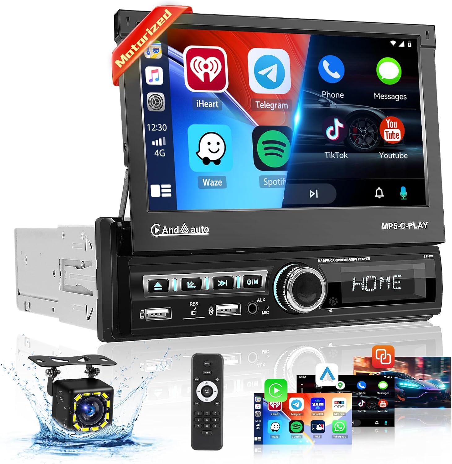 Roinvou [Motorized] Single Din Touchscreen Car Stereo with Wireless Carplay & Android Auto, 7inch Flip up Screen Car Stereo with Bluetooth Car Audio Receivers, Support Online Viedeo/Dual USB/AUX