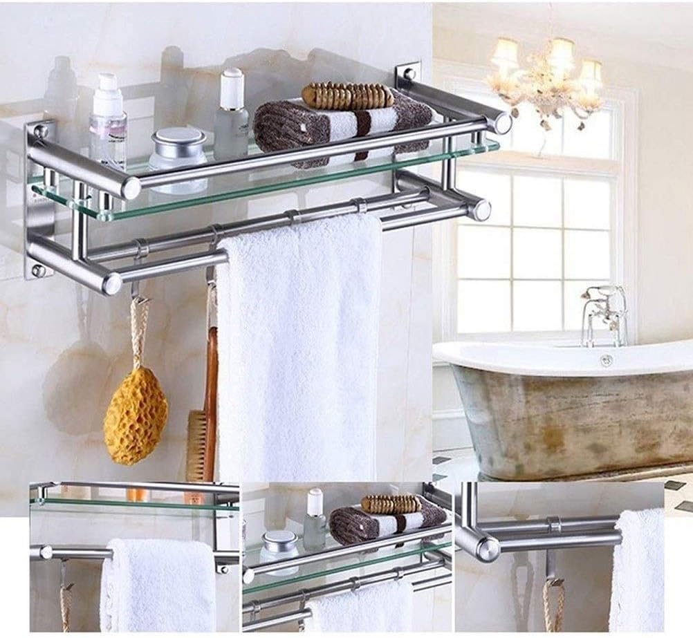 Corner Storage Holder Shelf Bathroom Glass Shelves Bath with Movable Hook Brushed Stainless Steel Wall Mount 16 Inch 2 Tiers(1 Tier-50cm)