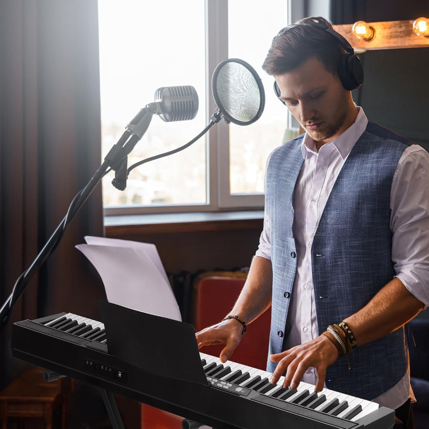 88 Key Keyboard Electric Keyboard Piano Music Keyboard with Full Size Semi Weighted Keys, Sustain Pedal, Power Supply, Stand, Carrying Case, Headphone Black US