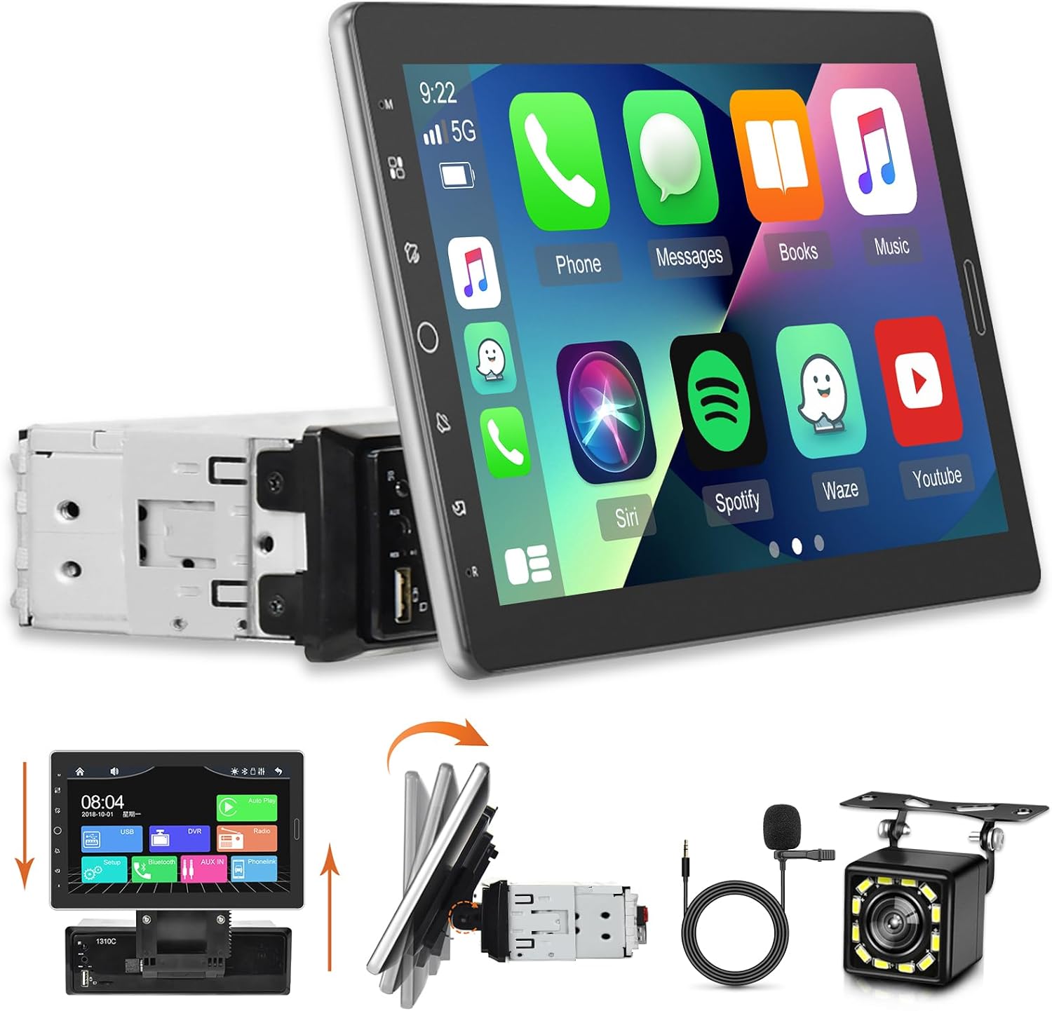 10.1 inch Single Din Car Stereo with CarPlay and Android Auto, 10 inch Touch Screen Radio with Mirror Link/1080P/EQ Audio/SWC/Bluetooth +Backup Camera+MIC