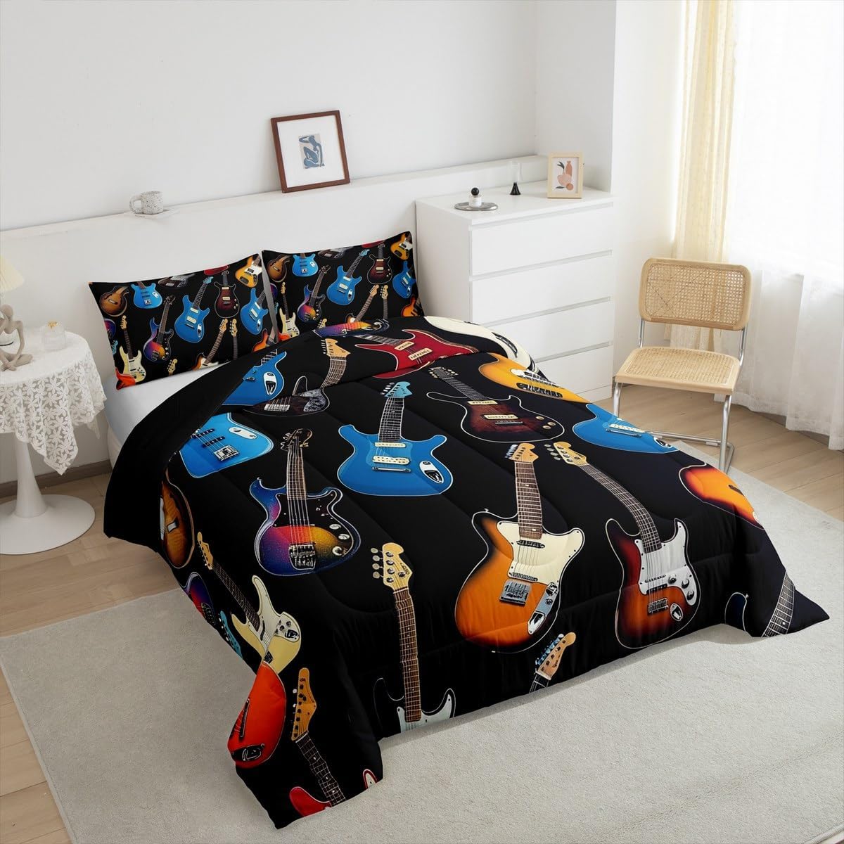Manfei Electric Guitar Comforter Set King Size 3 Pcs,Colorful Bass Guitars Music Lovers Bedding Set,Rock Music Theme Quilt Set for Adults Bedroom,2 Pillowcases