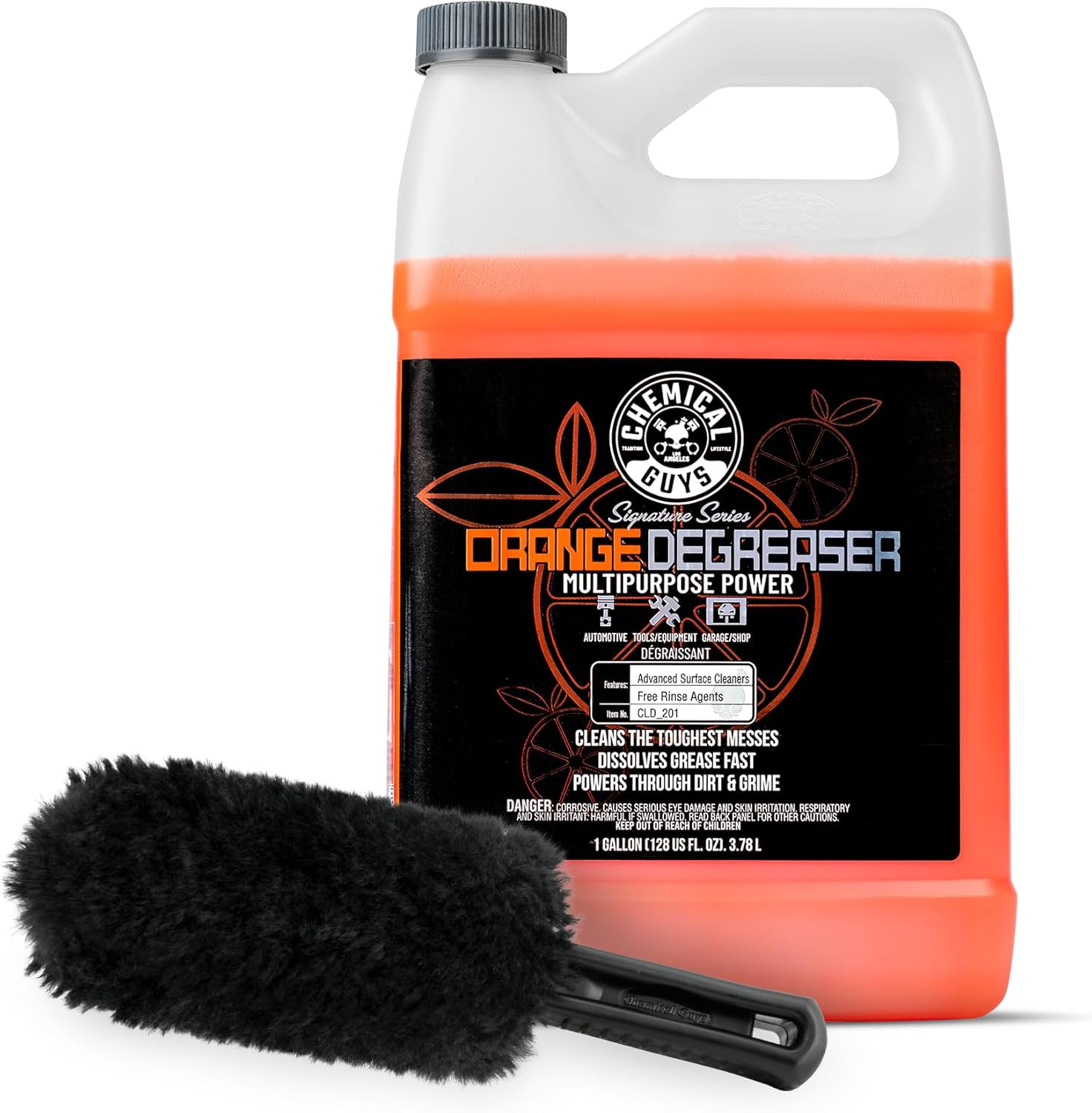 Chemical Guys CLD_201 Signature Series Orange Degreaser, Multipurpose Power, 128 fl oz (1 Gallon) + ACC_B01 Gerbil Wheel and Rim Brush (Safe for Exhaust, Tires, Rims, Engine Bays, & More)
