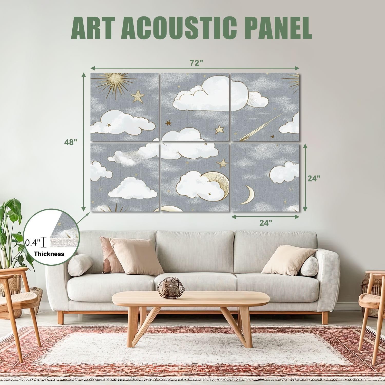 6 Pack Art Acoustic Panels Sound Absorbing Light Grey Clouds Stars Moon Sunburst Shooting Star Soft Colors Decorative Soundproof Wall Panels Self Adhesive for Recording Studios Office 72