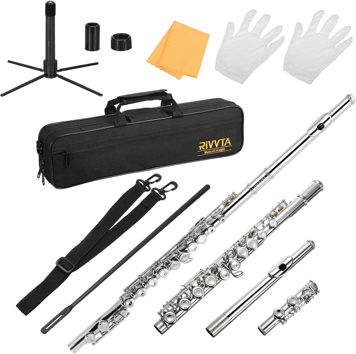 RIVVTA C Flutes Closed Hole 16 Keys, Musical Instrument Professional Flute for Beginner, with Case, Stand, Cleaning Kit, Nickel Silver