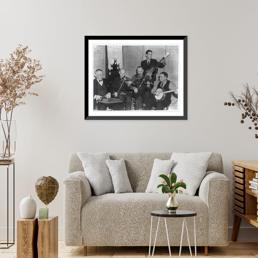 Historic Framed Print, [Members of the Bog Trotters Band seated playing or holding instruments, Galax, Va. Includes band leader, Doc Davis, with autoharp; Uncle Alex Dunford with fiddle; Crockett Ward with fiddle; Wade Ward with banjo; Fields Ward wi