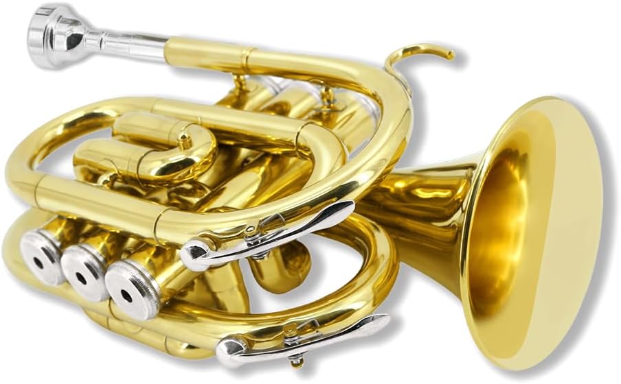 Pocket Trumpet Bb Flat Brass Trumpet for Beginner Student with 7C Mouthpiece Carrying Hard Case Cleaning Cloth Gloves