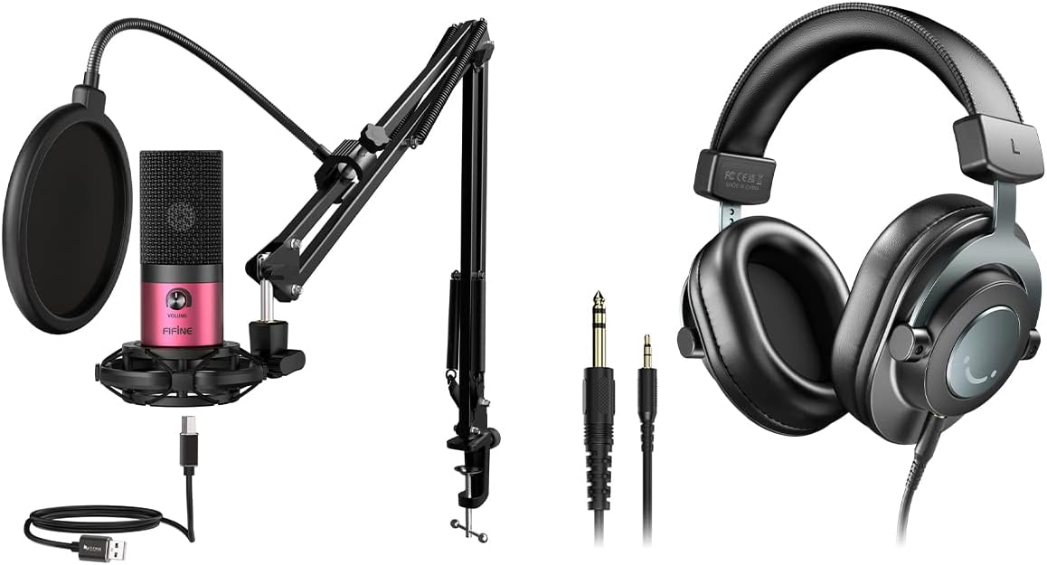 FIFINE Podcast Microphone and Over Ear Headphones, USB Computer Recording Microphone with Arm Stand Shock Mount Pop Filter, Studio Headphones for Streaming, Gaming, Podcasts Monitoring (T669R+H8)