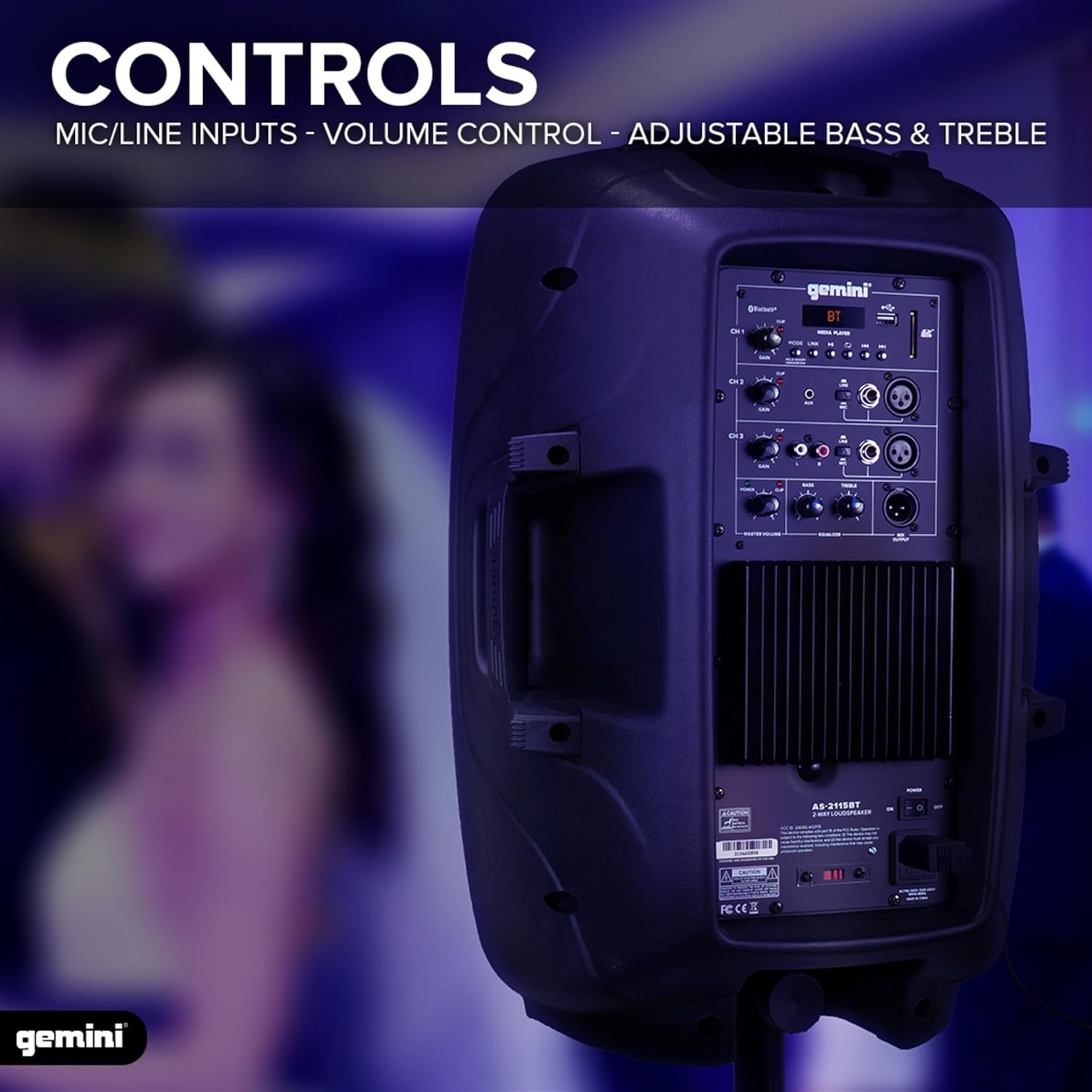 Gemini 15” 2000W Bluetooth PA Speaker with TWS Link, USB/SD/FM, XLR/RCA/AUX Inputs, Dual Mic & Guitar Inputs, EQ Control, Pro Sound System for DJs, Gigs, Events & Mobile Setups (AS-2115BT)