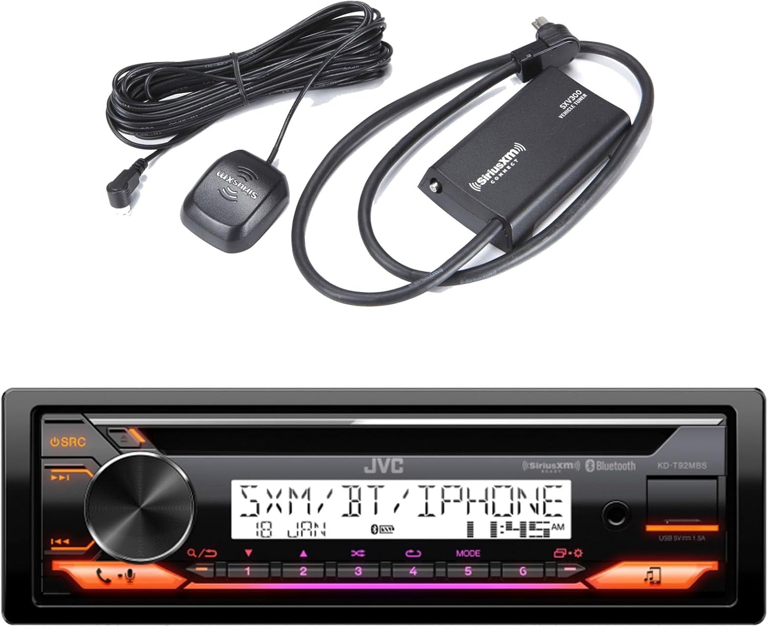 JVC KD-T91MBS Single DIN In-Dash Car Bluetooth CD Player USB AUX AM/FM Radio Stereo Receiver- Bundle Combo With SiriusXM Satellite Radio Connect Vehicle Tuner Kit