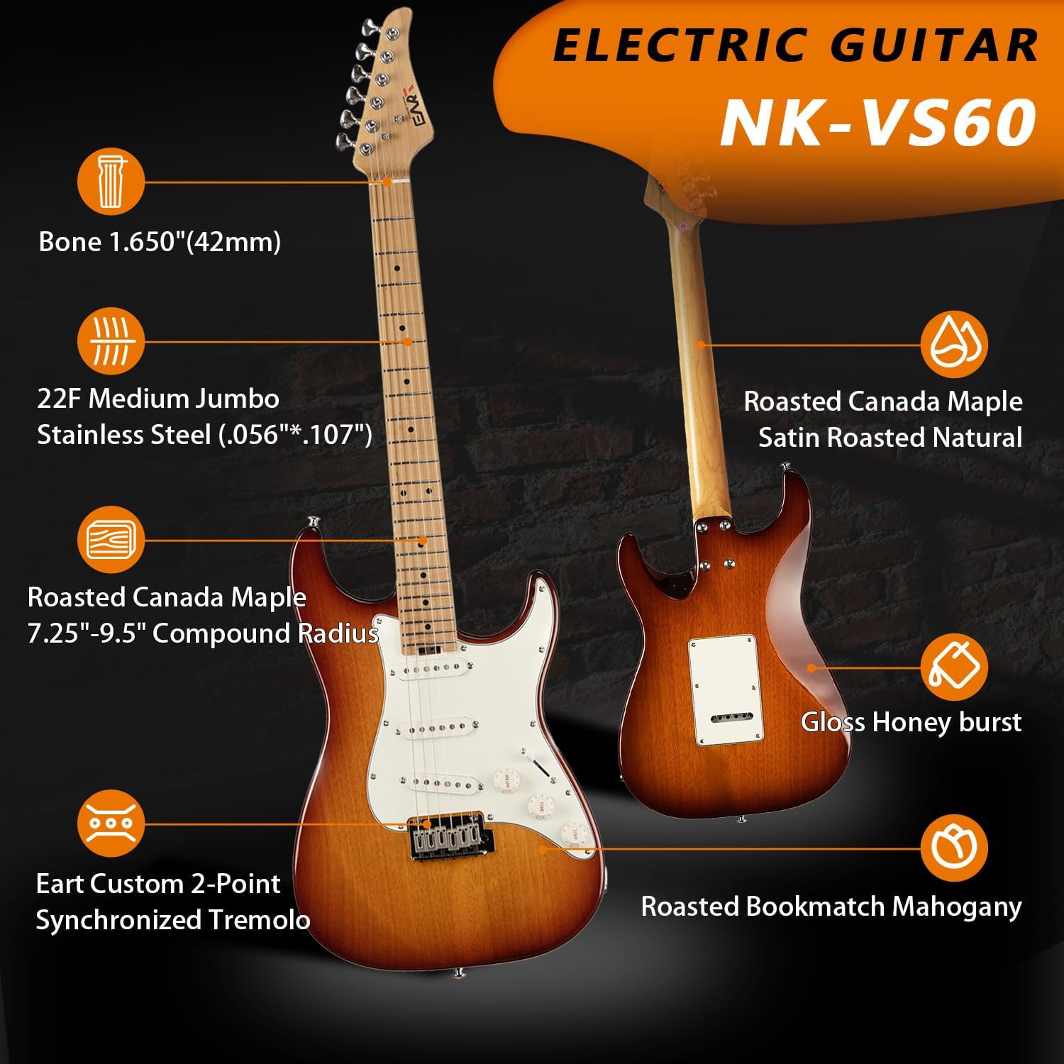 EART NK-VS60 6 String Solid Body Electric Guitar,Roasted Mahogany Body, Full-Size Electric Guitar Alnico-V Pickups, Tremolo System Electric Guitars