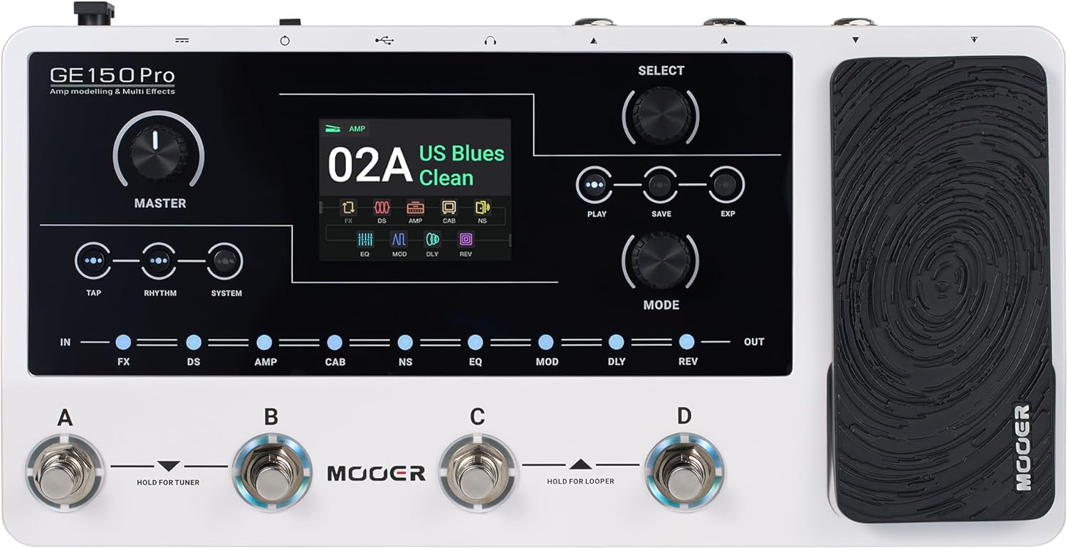 MOOER GE150 Pro Guitar Amp Modelling Multi Effects, Reverb, Delay, Looper Drum with 4 Footswiches, Expression Pedal, USB OTG Live Recording, MNRS GNR and GIR Loader